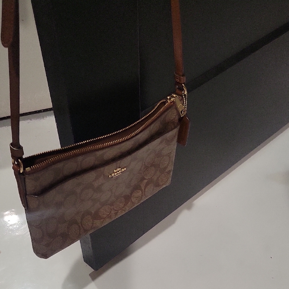 Coach Brown Logo Crossbody Wristlet with Gold Hardware
